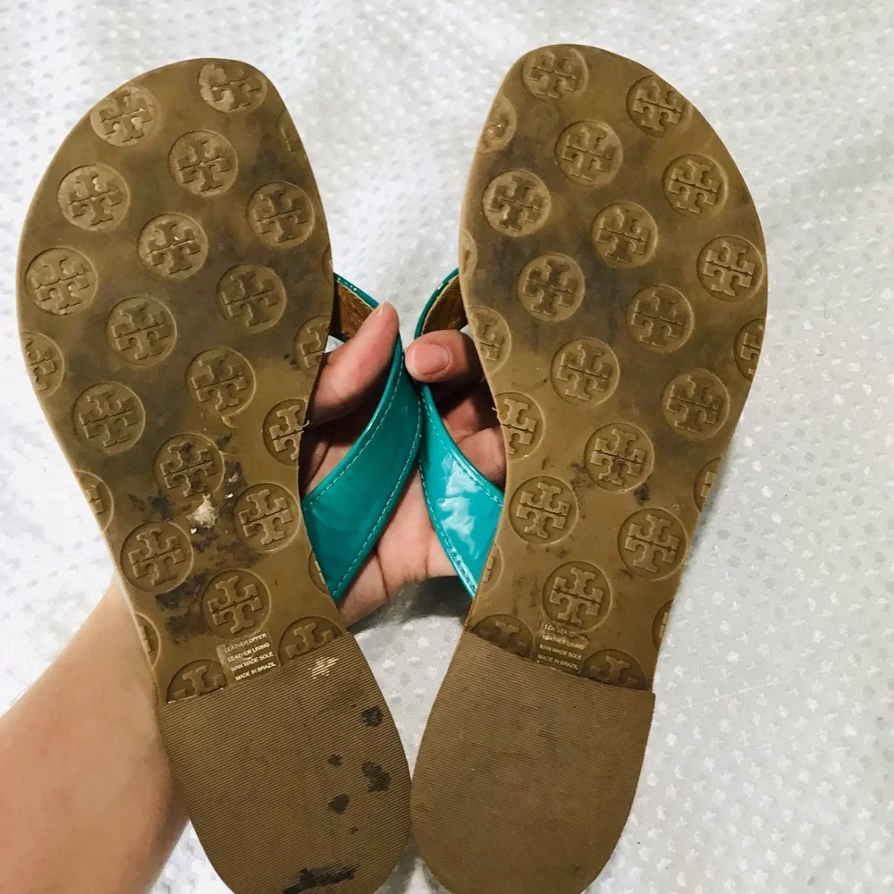 Tory Burch THORA Patent Flip Flops Sandals Shoes-turquoise Aqua Lizard